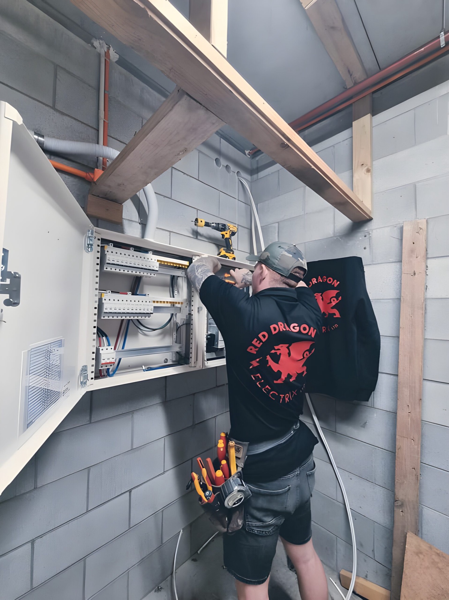 Nick from Red Dragon Electrix working on an open switchboard, wearing a branded jacket
